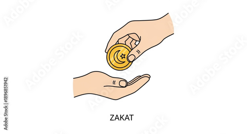 Hand giving gold coin to another open palm.