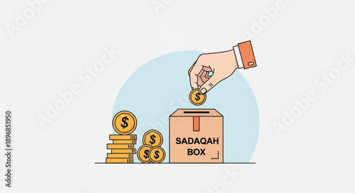 Hand dropping coin into Sadaqah box with stacked coins beside it.