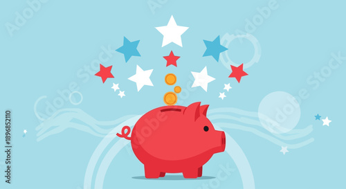Modern Presidents Day sale banner with piggy bank and stars in flat vector illustration