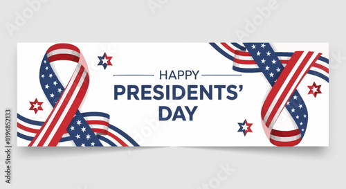 Modern Presidents Day sale banner with patriotic red white blue stars and stripes in a clean simple flat vector illustration