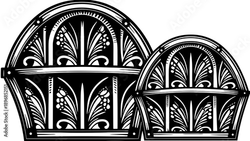 Ornate black and white illustrations of decorative baskets with floral patterns and vintage designs on a plain background