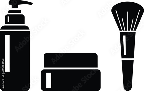 Black and white of cosmetic bottle pump cream jar and makeup brush cosmetics