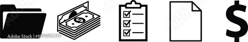 Black and white of file folder, money, clipboard, document, and dollar sign