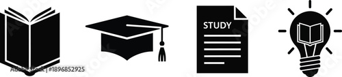Black of book, graduation cap, study document, and lightbulb education
