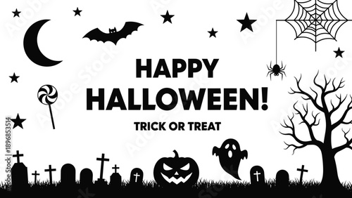 Happy Halloween Vector Illustration with Spooky Cemetery Silhouettes Ghost Pumpkin Bat and Moon Isolated on White Background for Trick or Treat