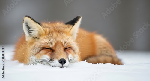 Red fox resting peacefully in the snow with eyes closed.