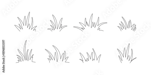 Grass line doodle. Outline grassland or meadow sketch, simple field design. Black grass texture for garden pattern or lawn.