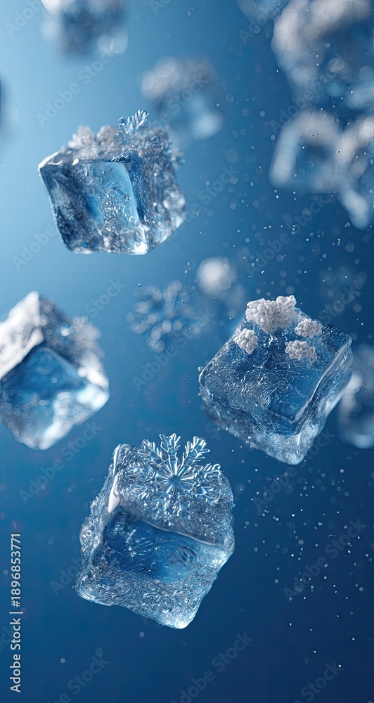 Obraz premium Close-up macro of crystalline shapes, reflecting light against a blue blurred background