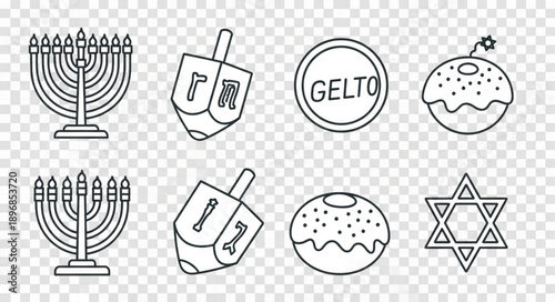 Hanukkah Symbols Collection Line Art Icons.