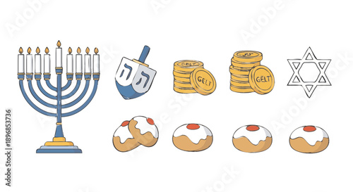 Hanukkah Symbols Collection Menorah Dreidel Coins Star of David and Sufganiyot.