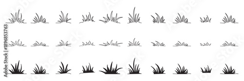 Grass line doodle. Outline grassland or meadow sketch, simple field design. Black grass texture for garden pattern or lawn.