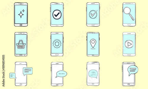 スマートフォンの機能アイコンセット 手書き風 線画 ベクター素材 UIデザイン 吹き出し 設定 チェック 位置情報 検索 ショッピング　背景透過
