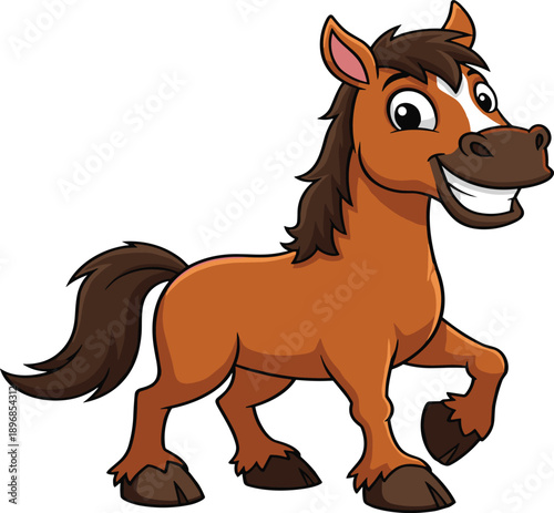 Cheerful cartoon horse with expressive face and raised leg, perfect for children’s books, educational materials, animations, and playful animal-themed designs.