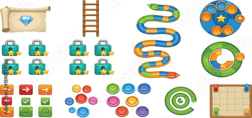 Colorful cartoon game interface elements including buttons, puzzles, icons, and tokens, perfect for mobile games, UI design, and interactive digital content.