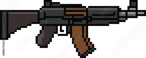 Pixel art assault rifle side view, AK-style weapon icon, black and brown retro firearm graphic for games or digital design