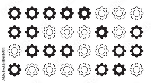 Gear icon vector set, black cogwheel vector collection, mechanical gear shapes, engineering symbols, industrial machinery, sprocket designs, abstract gearwheel graphics