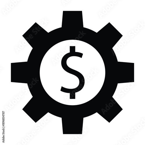Financial Optimization Icon: Black Gear with Dollar Sign Symbol for Business Automation, Fintech, and Industrial Economy
