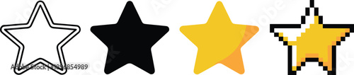 Pixel art star icons, layered, outlined, filled, yellow, retro styles, UI graphics for ratings, favorites, or visual feedback
