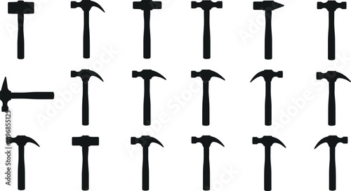 Set of hammer silhouettes vector illustration, black construction and carpentry tools collection, industrial work equipment icons, handyman repair design concept on white background