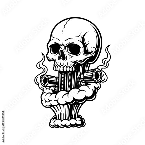 Skull with gun barrels emerging from an explosion cloud.