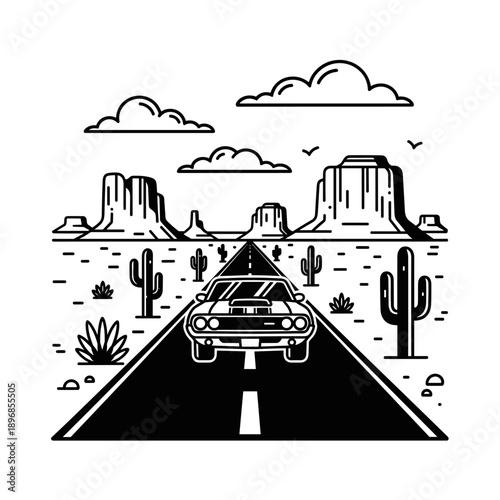 Classic American Muscle Car Driving on Desert Highway.