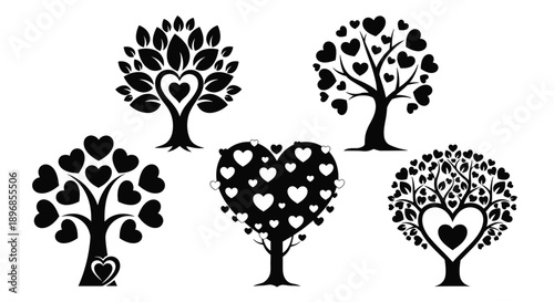 Black heart tree icon set, romantic love nature symbols, family tree silhouettes, Valentine's Day wedding elements, decorative floral garden designs, 