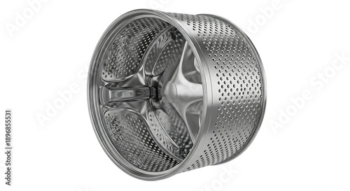 A stainless steel washing machine drum on a black background