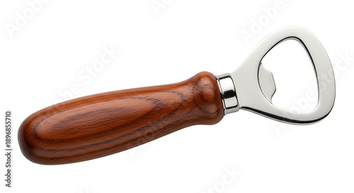A wooden handled bottle opener on a black background