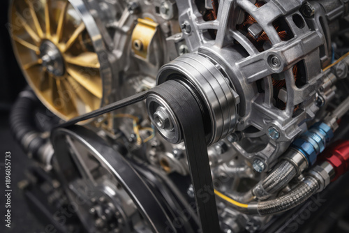 Close-up of car engine alternator and belts motor automotive