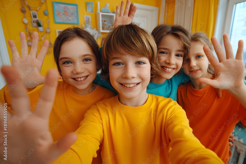 custom made wallpaper toronto digitalFröhliche Kinder winken lachend in buntem Raum
