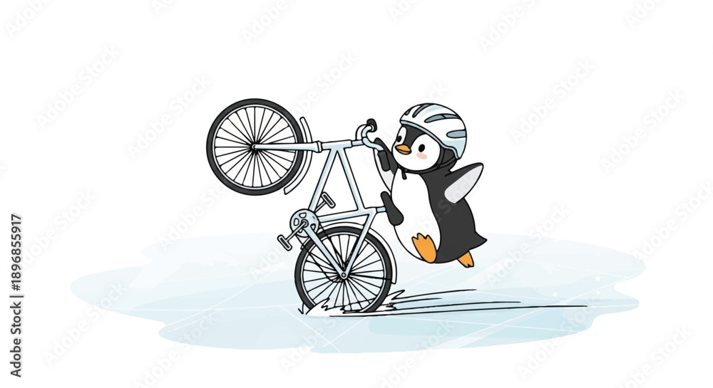 Obraz premium Cool Penguin Riding a Bicycle Performing a Wheelie Stunt Wearing Safety Helmet Winter Sports Illustration