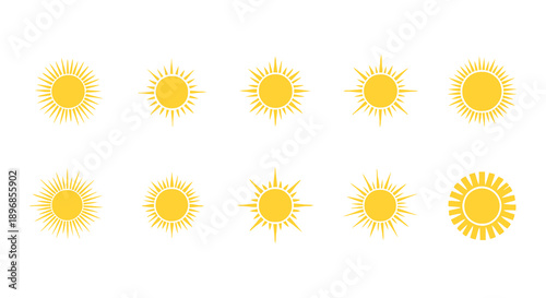 Set of ten vibrant sun icons with various ray designs, perfect for summer and weather themes.