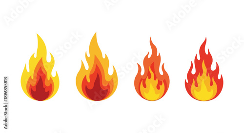 Set of four vibrant cartoon fire flames in various shades of red and orange.