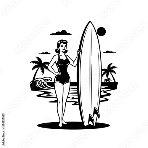 Vintage Pin-Up Surfer Girl with Surfboard.