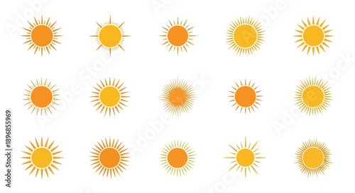 Collection of vibrant sun icons in various styles and shades of yellow and orange, representing warmth and summer.