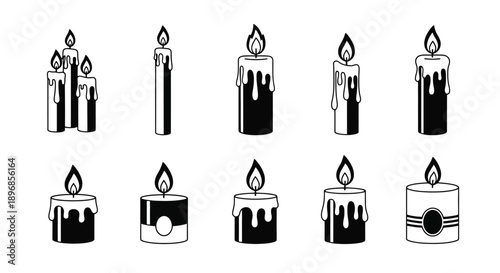 Set of various burning candles with dripping wax in black and white.