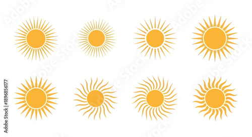 Collection of eight stylized sun icons with varying ray designs.