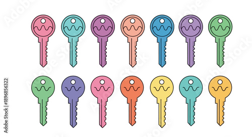Colorful collection of vintage keys in various hues and designs.