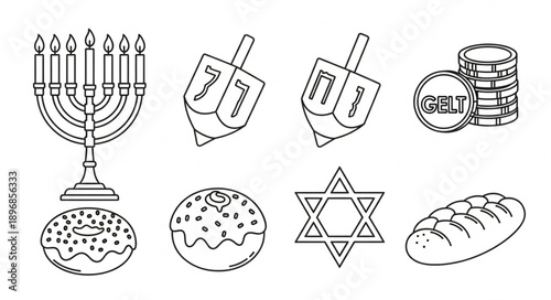 Hanukkah Symbols Line Art Collection.