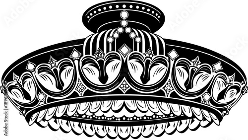 A detailed black and white illustration of a regal crown, symbolizing royalty, power, and authority