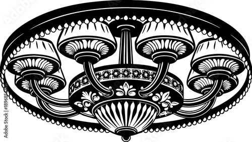 Ornate chandelier with multiple lights and decorative elements viewed from below in a luxurious setting