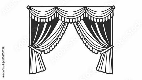 Elegant curtains drawn apart to reveal a stage from a front viewpoint in a theater environment with illustrations