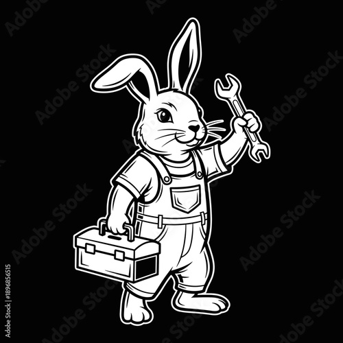 Cartoon rabbit wearing overalls holding a wrench and toolbox.