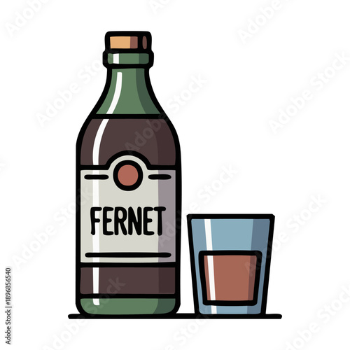 Illustration of a dark herbal liqueur bottle and a shot glass for drinks