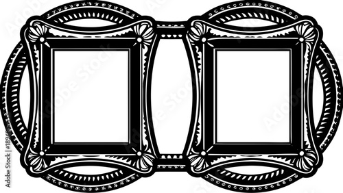Two ornate frames with decorative borders and blank spaces for images or text, presented in a symmetrical, side-by-side arrangement.
