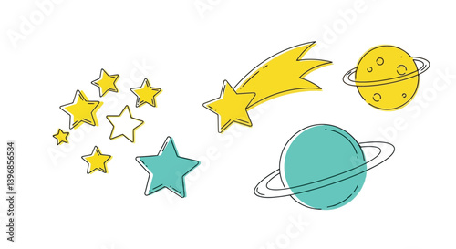 Hand-drawn cosmic elements with stars, planets, and a shooting star.