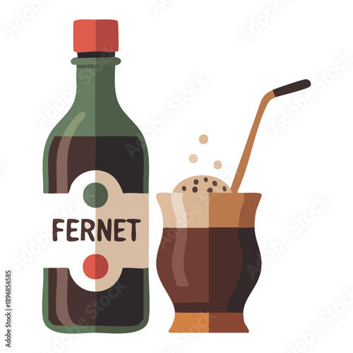Stylized flat vector of a dark bitter spirit bottle with a cold mixed drink