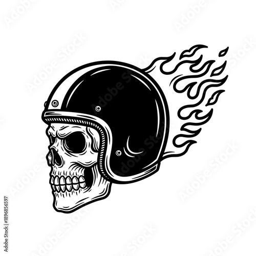 Skull wearing a motorcycle helmet with flames, black and white illustration.