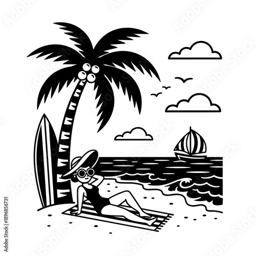 Woman relaxing on beach under palm tree with surfboard.