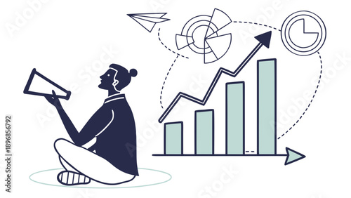 Person analyzing upward trend graph with megaphone, illustrating business growth and marketing strategy in a modern setting